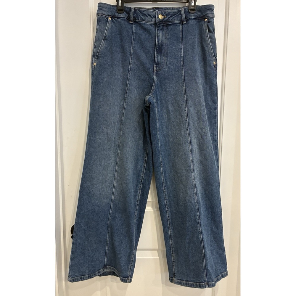 Michael Kors Carmen Wide Leg Pintuck Jeans 16 Super High Rise Med Wash Denim